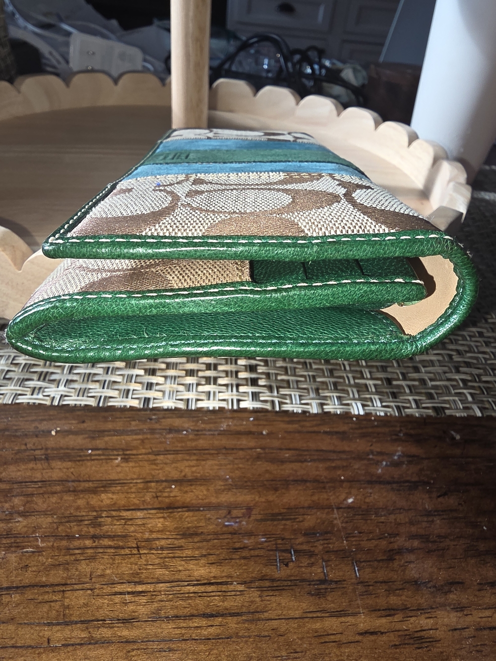 Coach Signature Canvas Bifold Long Wallet in Khaki with Teal & Green Suede - Picture 8 of 11